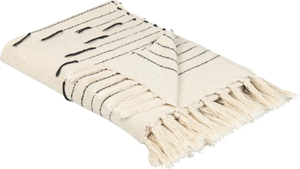 Couvre-lit Fait Main Beliani en Coton Rayé Beige et Noir avec Glands Chic