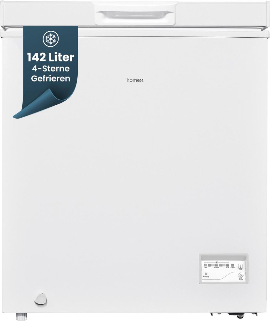 homeX Gefriertruhe, Tiefkühltruhe klein - 142L Nutzinhalt, 4-Sterne Gefrieren, Kühltruhe mit Super-Frost-Funktion, weiß