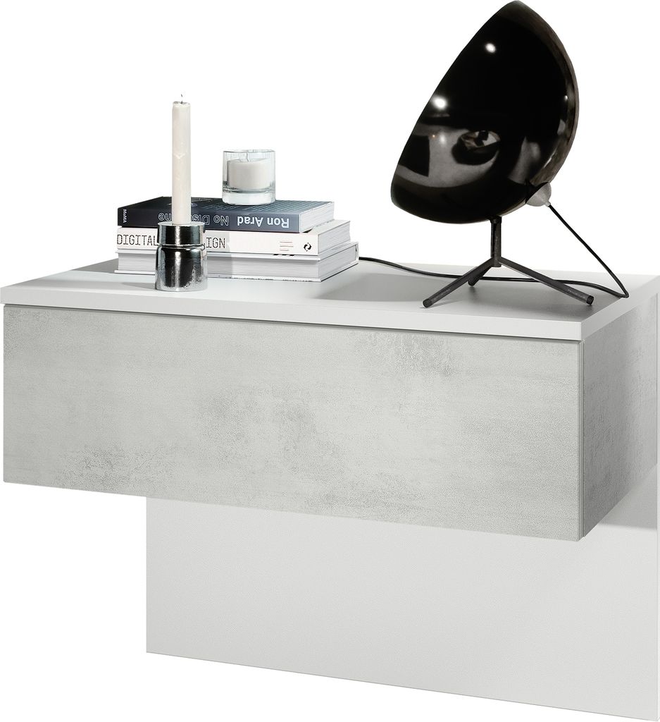 Vladon Nachttisch Sleep, Germany, Nachttischschrank mit Schublade zur Wandmontage, Weiß matt/Beton Oxid-Optik (60 x 46 x 35 cm)