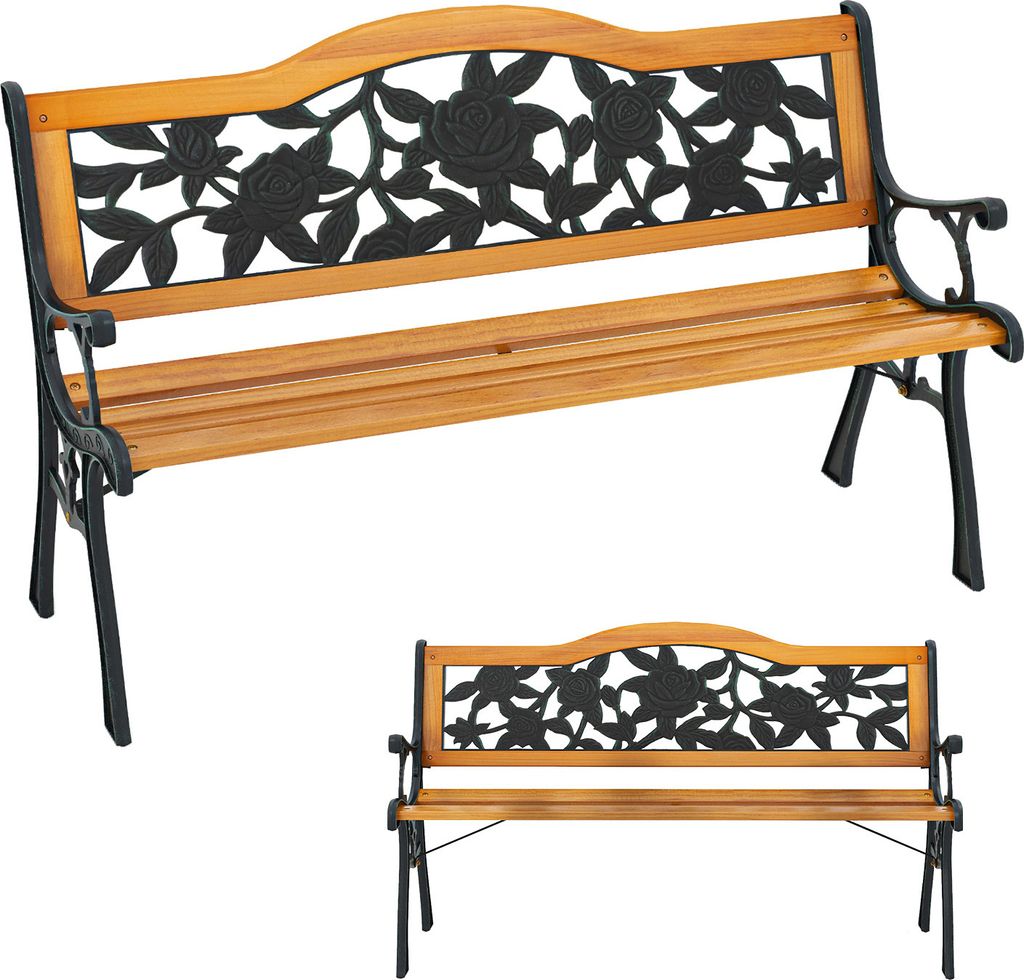 KOMFOTTEU Gartenbank, 2-Sitzer, Parkbank aus Kiefernholz, Parkstuhl mit Rückenlehne, Belastung 210 kg, Metallrahmen, für Balkon, Terrasse