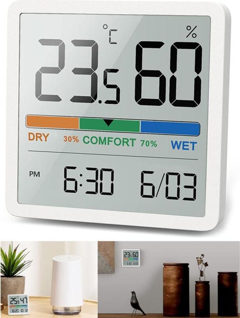 Digitales Thermometer-Hygrometer, digitales Tischthermometer mit Temperatur- und Feuchtigkeitsanzeige, präzises Raumthermometer mit Uhr für Büro...