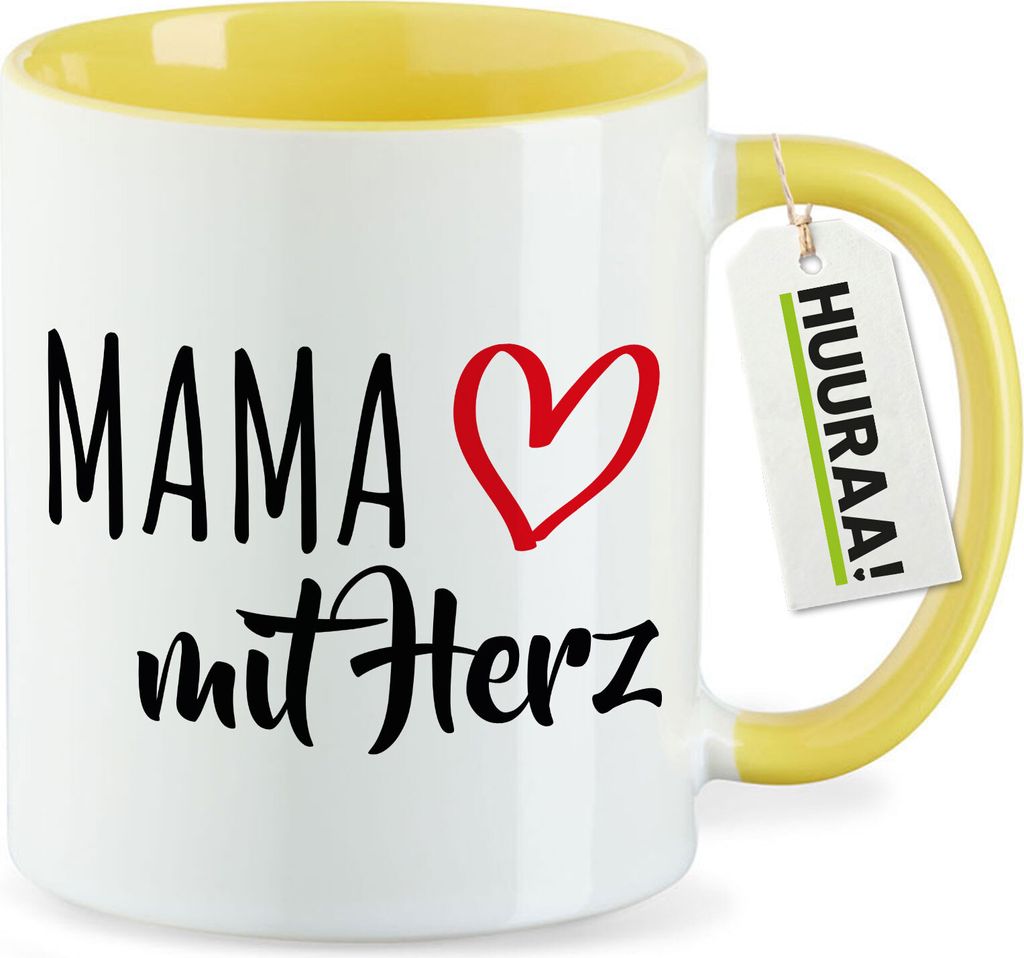 Huuraa Kaffeetasse Mama mit Herz 330ml Gelb Keramik Kaffeebecher Geschenkidee