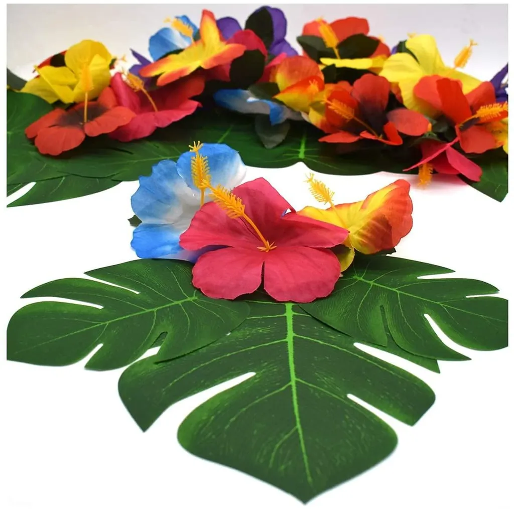 Kit 48 Déco Tropicale : Feuilles de Monstera 15cm et Fleurs d'Hibiscus