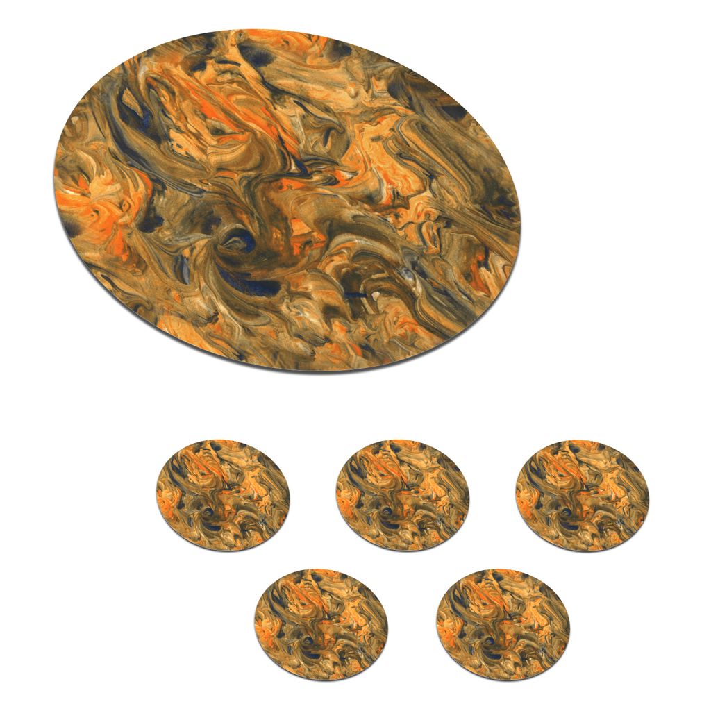 KitchenYeah Glasuntersetzer Rund 6er Set Farbe - Braun - Orange - Marmor - Design 10x10 cm Untersetzer für Gläser - Getränkeuntersetzer - Tisc...