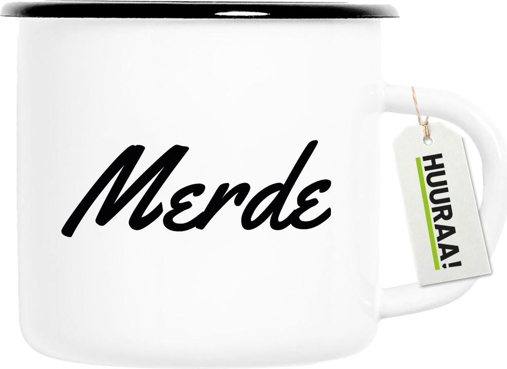 Huuraa Emaille Tasse Merde französisch Schriftzug 300ml Vintage Campingbecher Geschenkidee