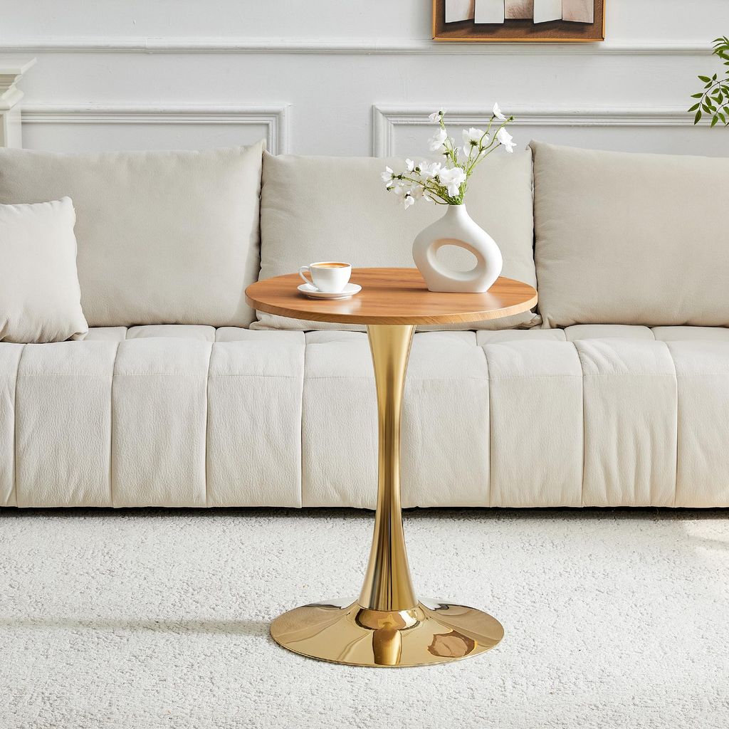 Runder Beistelltisch Ø60cm – kleiner Esstisch aus MDF, natürliche Holzmaserung, goldfarbene Stützbasis, Thermoform-Technologie, speziell für ...