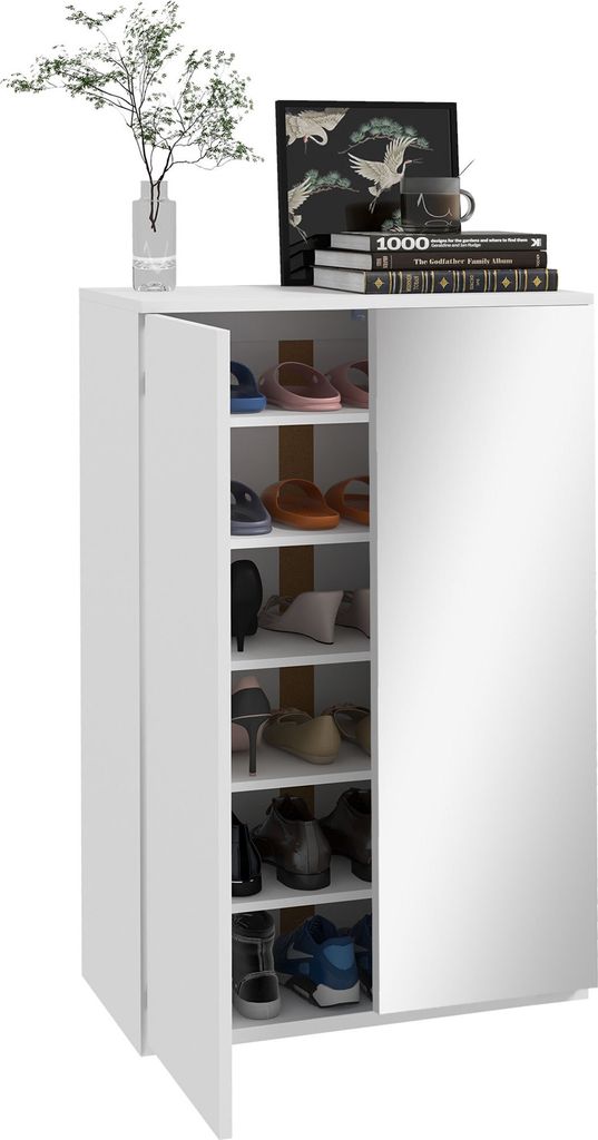 HOMCOM Schuhregal, Möbel mit Spiegel, Schuhschrank für 18 Paar Schuhe, mit 5 verstellbaren Einlegeböden, für Flur, 60 x 32 x 95 cm, weiß