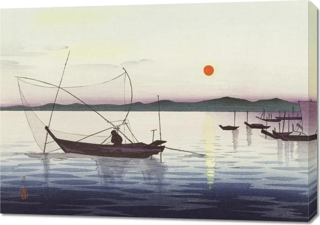 Grand tableau zen 100x70 cm, estampe japonaise vintage soleil couchant