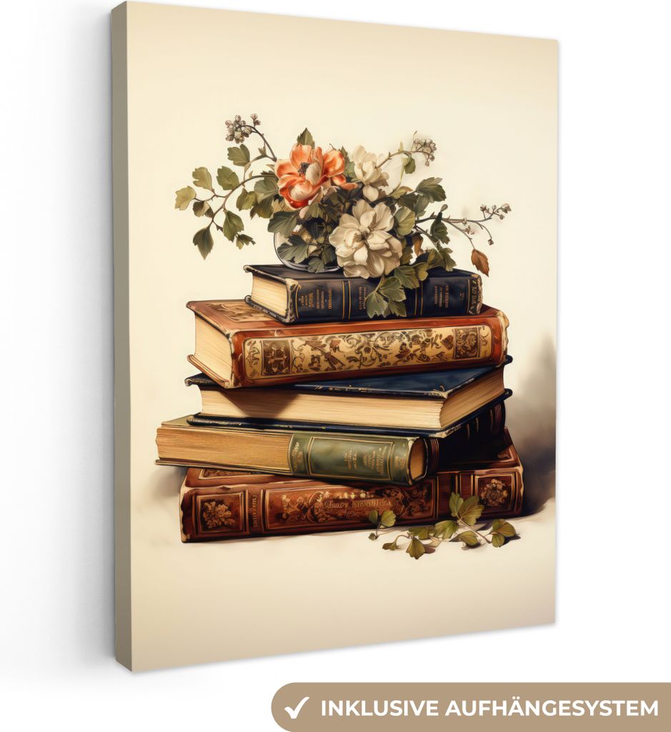 MuchoWow - Leinwandbilder - Vintage - Bücher - Blumen - Weiß, Wandbild, Wanddeko Bilder Wohnzimmer, 90x120 cm