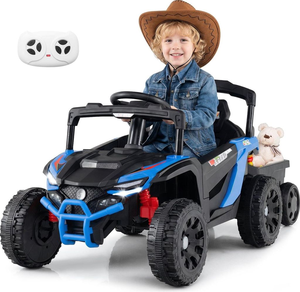 12-V-Kindertraktor zum Draufsitzen mit Fernbedienung und abnehmbarem Anhänger