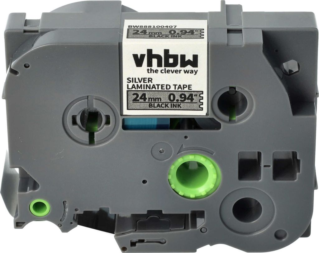 vhbw Schriftband-Kassette kompatibel mit Brother PT D600, D600VP, E500, D800W, E500VP, E550W, E550WVP Etiketten-Drucker 8m x 24mm Schwarz auf Silber