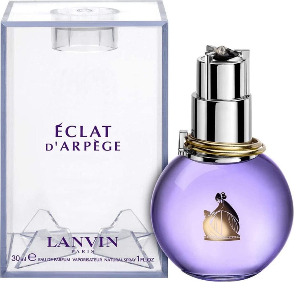 A bottle of Lanvin Éclat d'Arpège Eau de Parfum and its packaging are displayed against a white background.