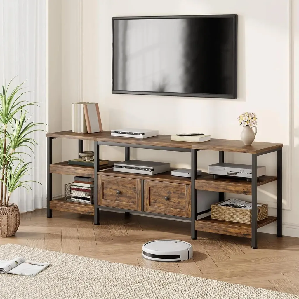 Meuble TV bas rouge 160x40x65 cm style moderne à 2 tiroirs métal