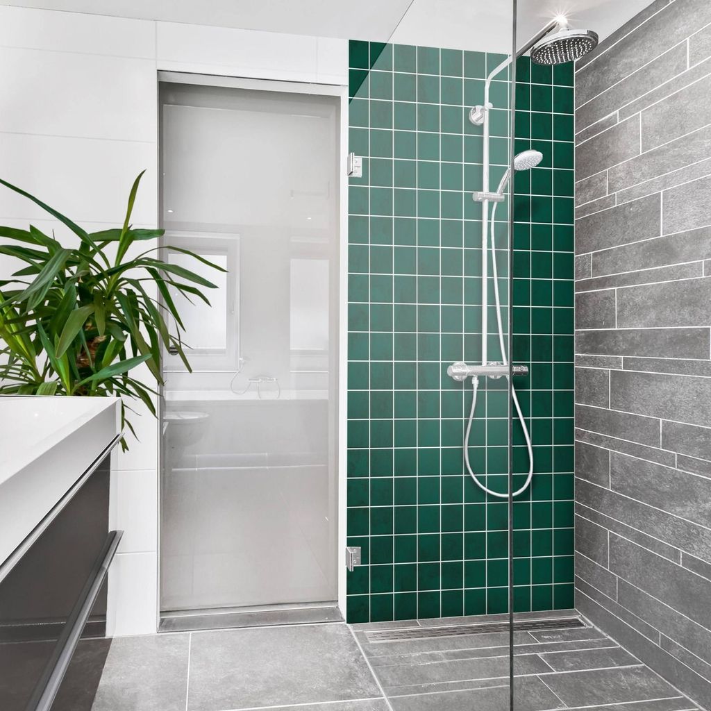 Duschrückwand mit Motiv selbstklebend - 0.61 mm Wandpaneel wasserfest Design grün Fliesenoptik Badrückwand fugenlos Premium matt 90x210 cm