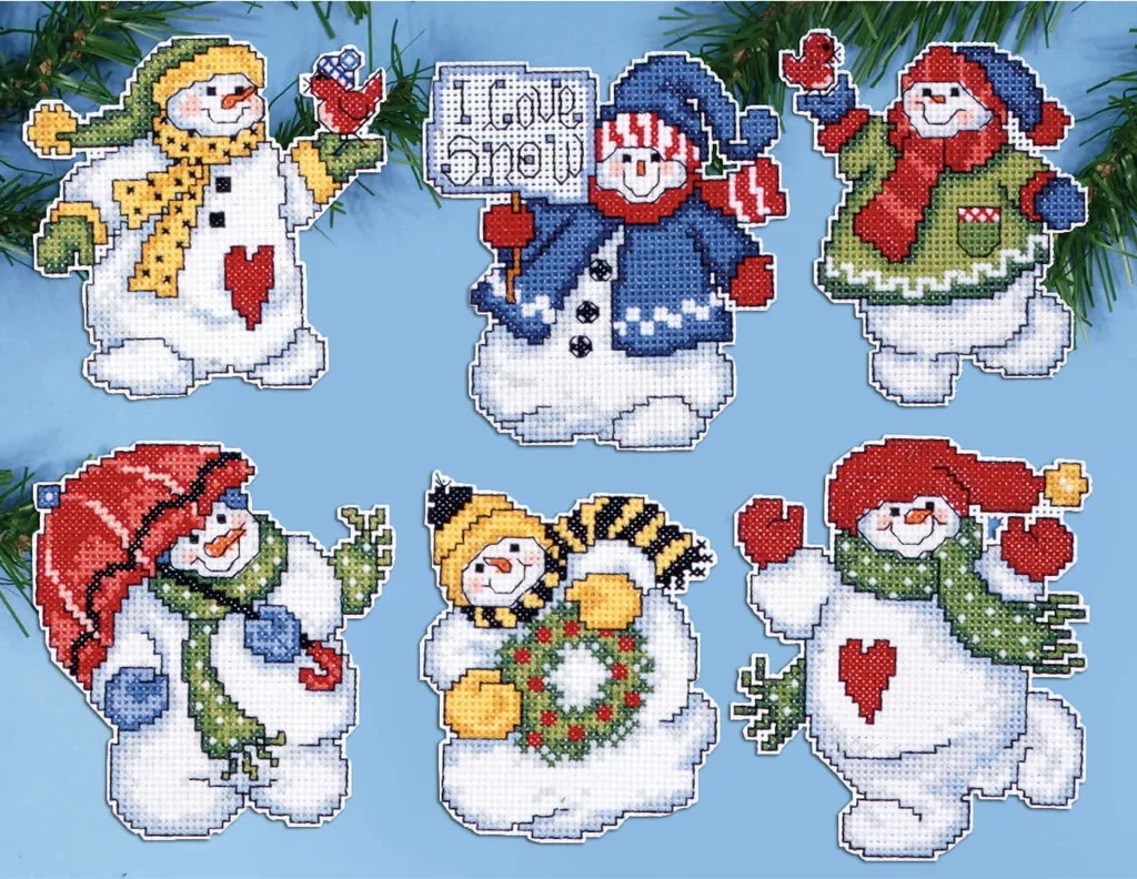 Confezione da ricamo a punto croce Design Works "Decorazioni per l'albero di Natale mi piace la neve set di 6", schema contato, 8x10cm