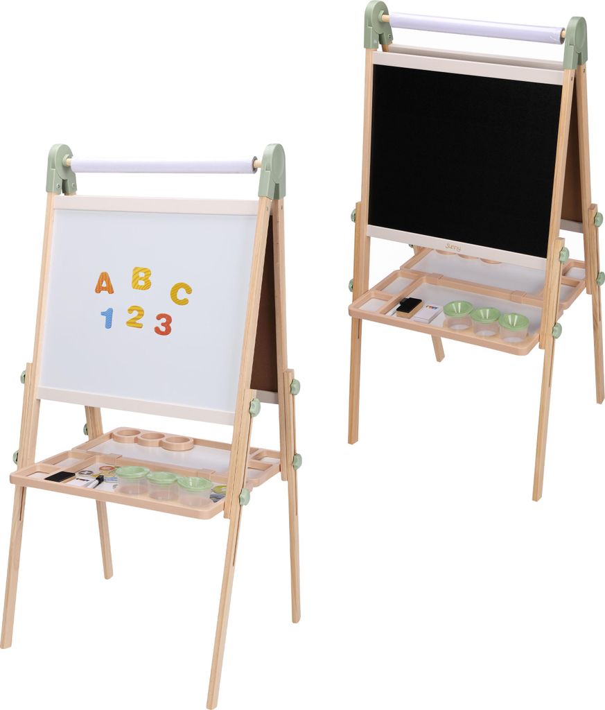 Sunny Luna Staffelei für Kinder aus Holz Naturbraun | Doppelseitig: Whiteboard und Kreidetafel | Magnettafel, Papierrolle, Becher, Magnete, Kreide...