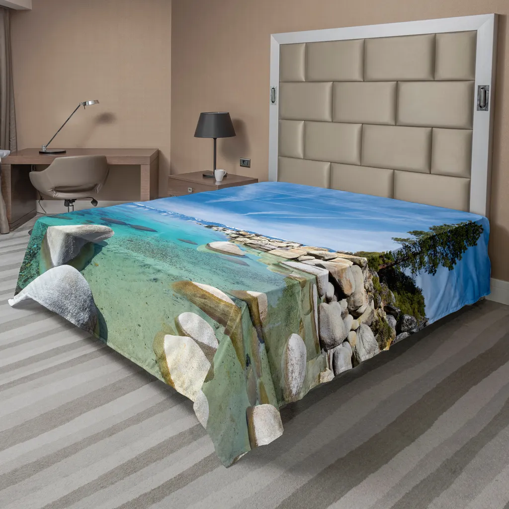 Drap plat anti-décoloration 244x205 cm, décor univers lacustre bleu
