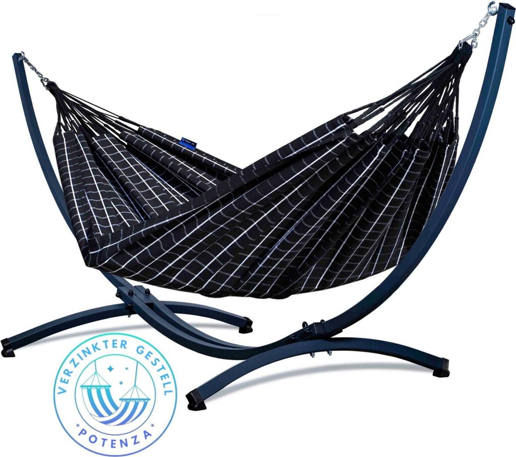 Potenza Outdoor Catargo Hängematte mit Verzinkter Gestell für 2 Personen I 100% Baumwolle Doppelhängematte XXL 220x160, 220kg I Hängemattengest...