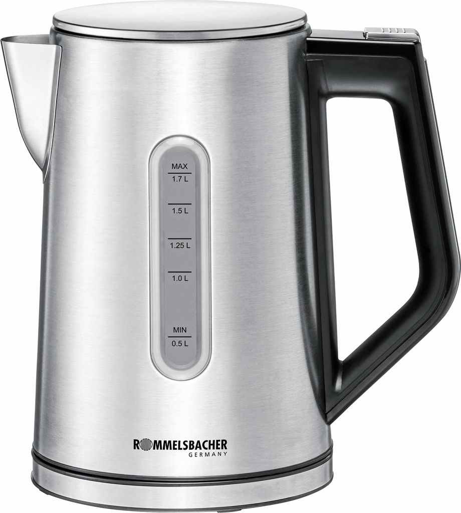 A product shot of a silver and black electric kettle.