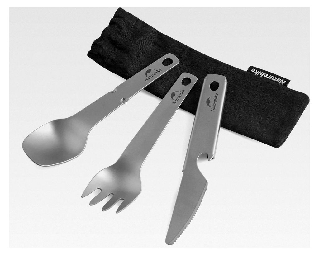 Picknickgeschirr aus reinem Titan: Messer, Gabel, Löffel und Flaschenöffner, nur 40 g