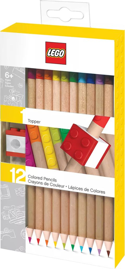 A box of LEGO colored pencils with a topper.
