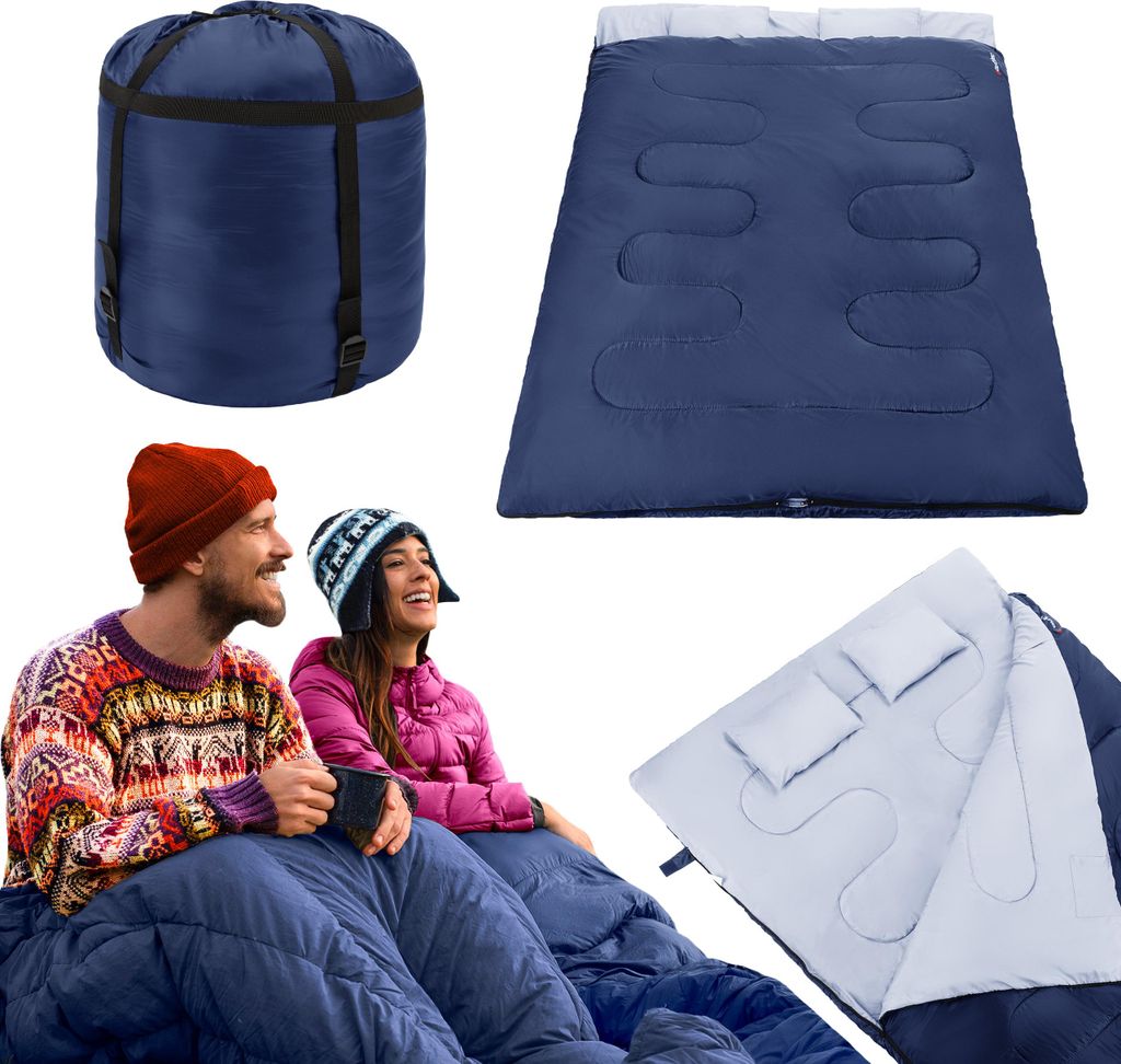 Outtec Doppelschlafsack, Schlafsack, Sleeping Bag für 2 Personen - inkl. 2 Kissen - 220 x 150 cm - Kleines Packmaß - Outdoor, Camping