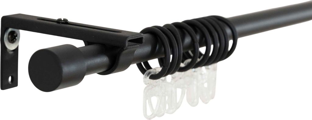 A close-up view of a black curtain rod with rings and a bracket, isolated on a white background.