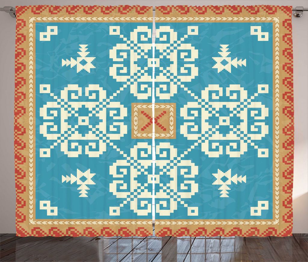 ABAKUHAUS Volk Rustikaler Gardine, Nordic-Art-Quadrat Ornament, Schlafzimmer Kräuselband Vorhang mit Schlaufen und Haken, 280 x 225 cm, Sea Blue C...