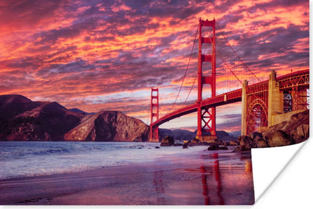 MuchoWow Poster Die Golden Gate Bridge mit einem wunderschönen lila Himmel 60x40 cm - Schlafzimmerdekoration