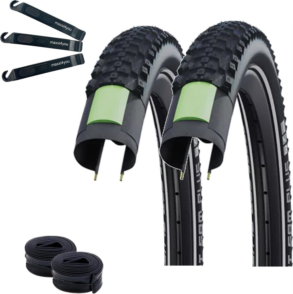 2 x Schwalbe Smart Sam Plus Performance E-50 DD Greenguard Schwarz-Reflex 47-622 (28 x 1,85) + 2 x Schwalbe Schläuche DV17 inkl. maxxi4you Reifenh...