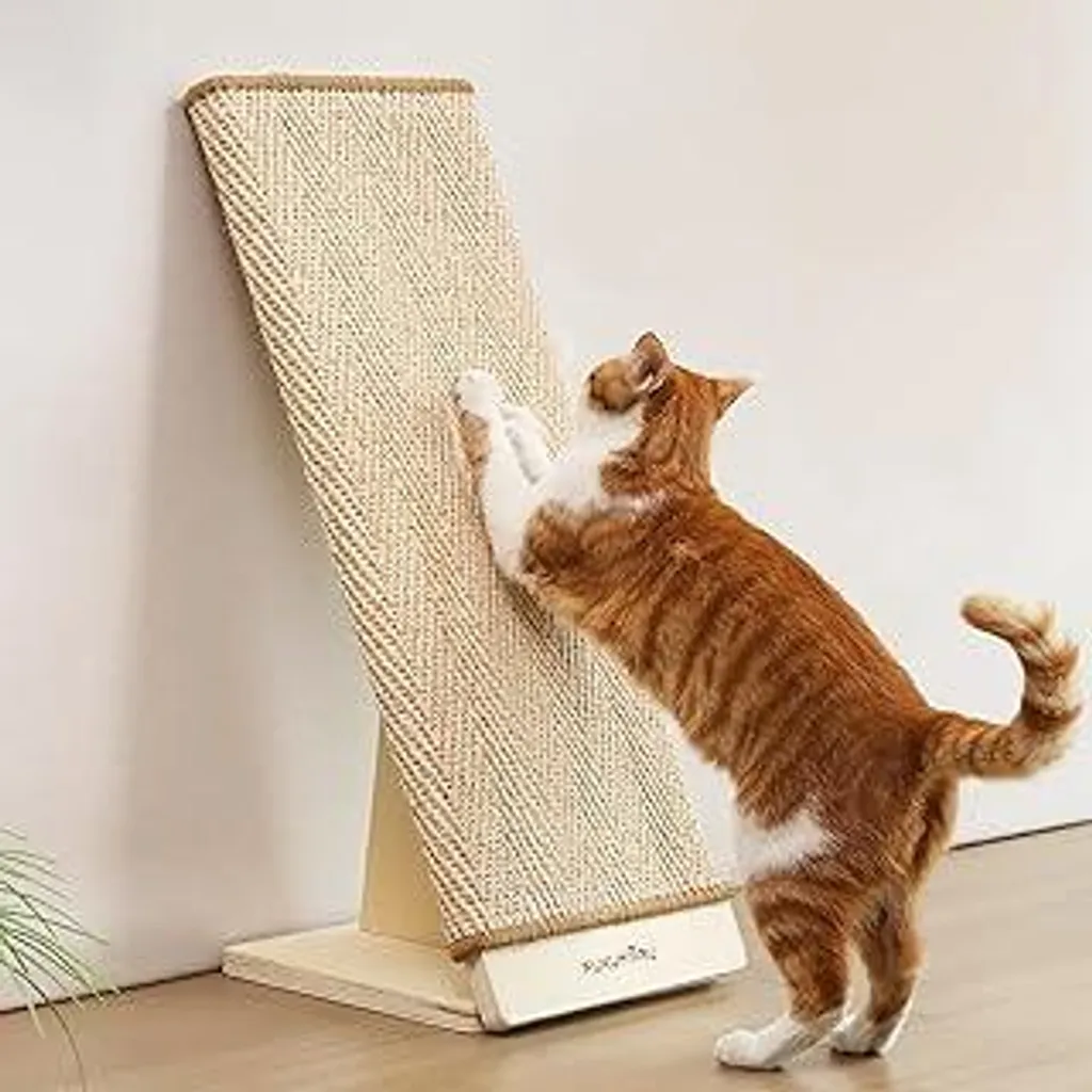 FUKUMARU Tiragraffi per gatti, 65 cm Colonna tiragraffi in sisal naturale con rampa, tappetino tiragraffi sostituibile, robusto telaio in legno a forma di L Tiragraffi, protezione per mobili da graffiare per gatti