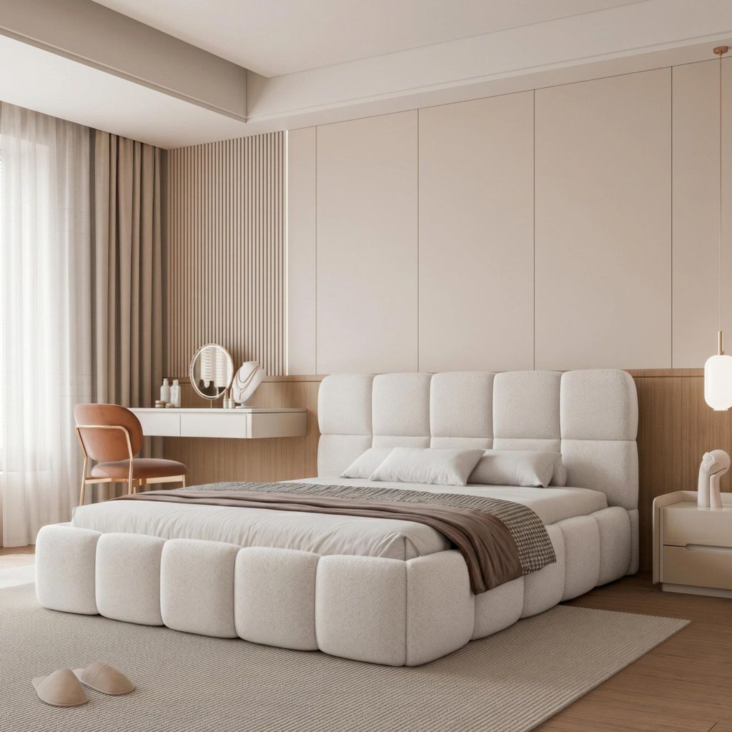 Gestoffeerd bed CERETTO 160x200, wit, boucle stof, met Productafbeelding 