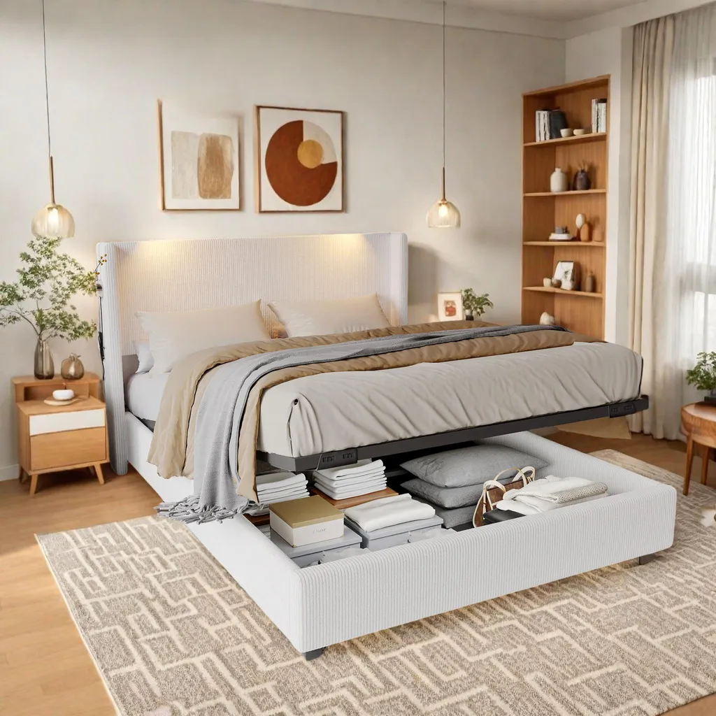 Lit gain de place 140x200 beige avec coffre de stockage et liseuse