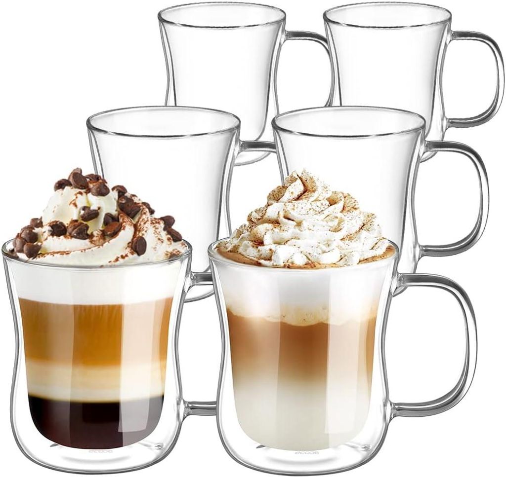 Doppelwandiges Latte-Macchiato-Glas-Set, Kaffeetassen aus Borosilikatglas, 6er-Set, 350 ml, Teegläser mit Henkel für Cappuccino, Latte Macchiato,