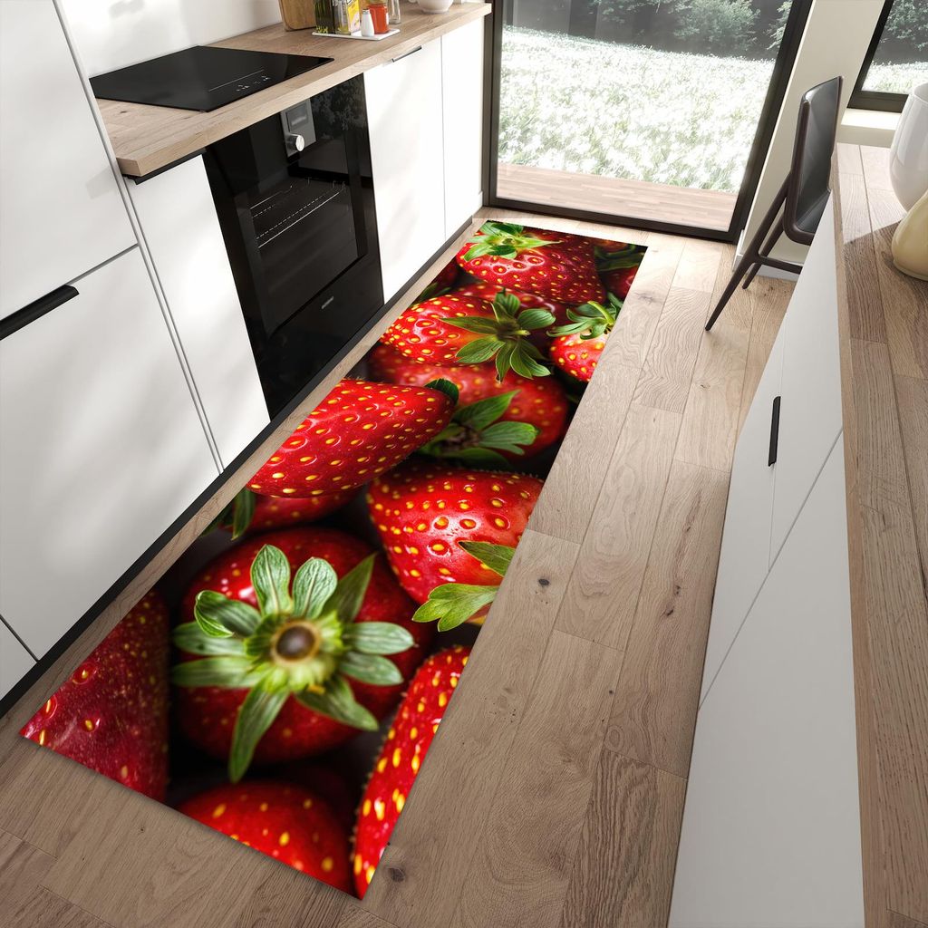 Küchenteppich 80x280cm rutschfest & abwischbar PVC Läufer - Frische Erdbeeren