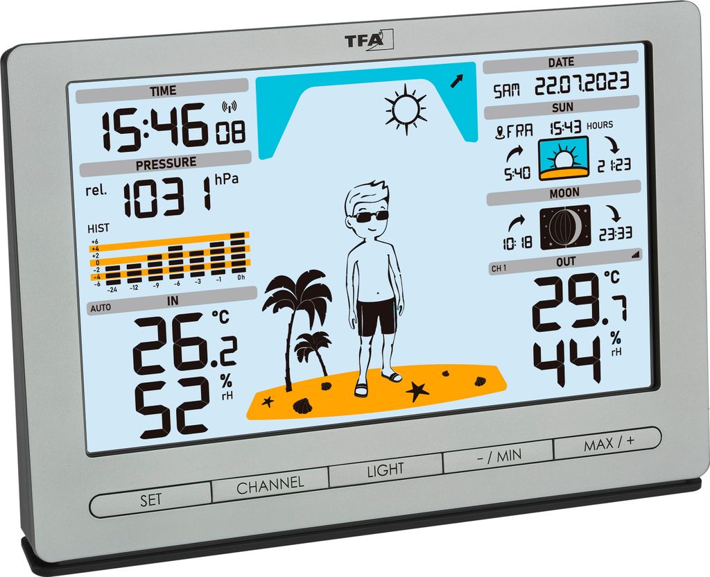 A digital weather station displaying time, date, temperature, humidity, and weather icons, with a cartoon illustration of a person on a beach.