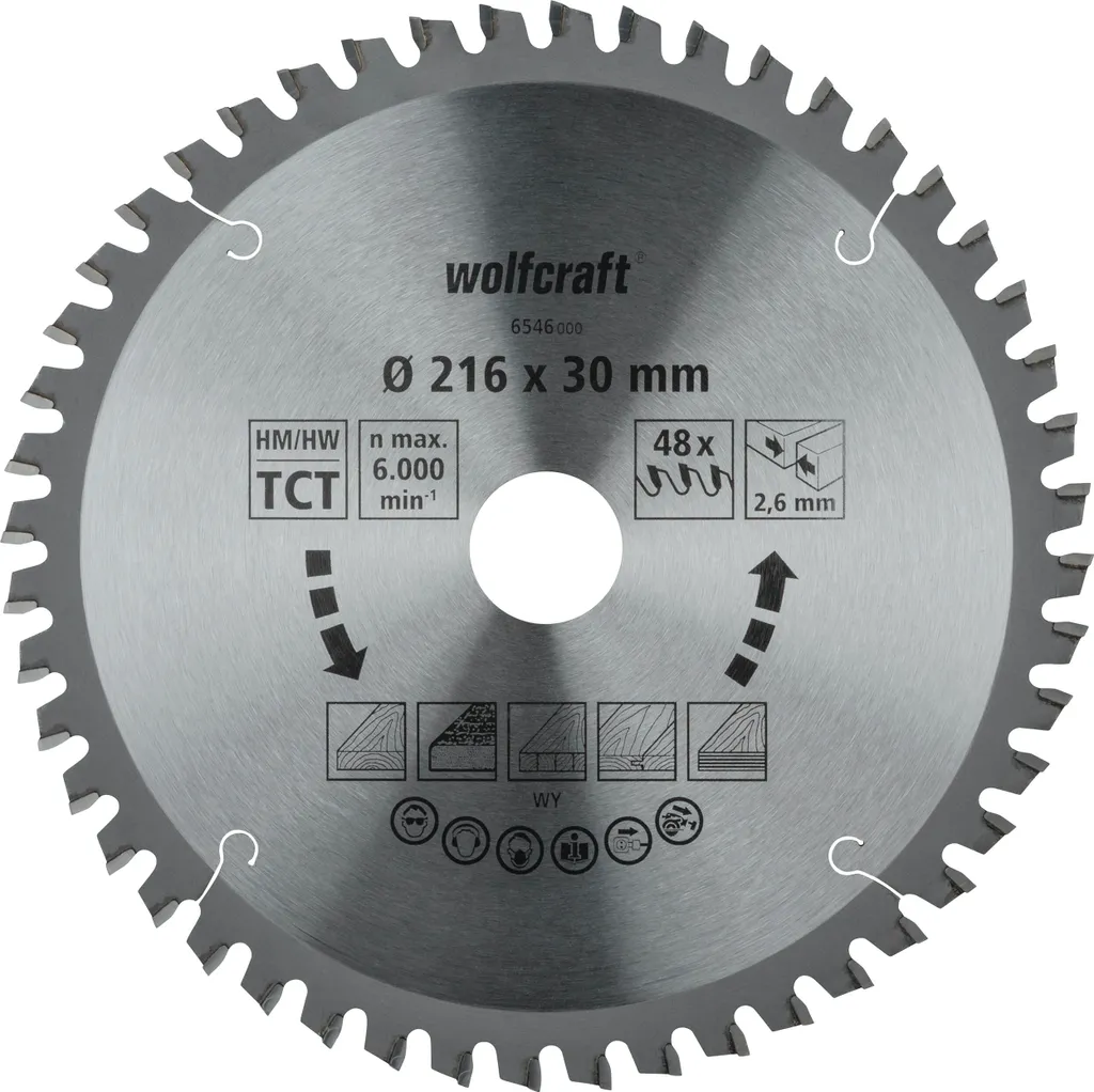 Lame Wolfcraft 216x30 Z48 pour coupes nettes et sans éclats 6546000