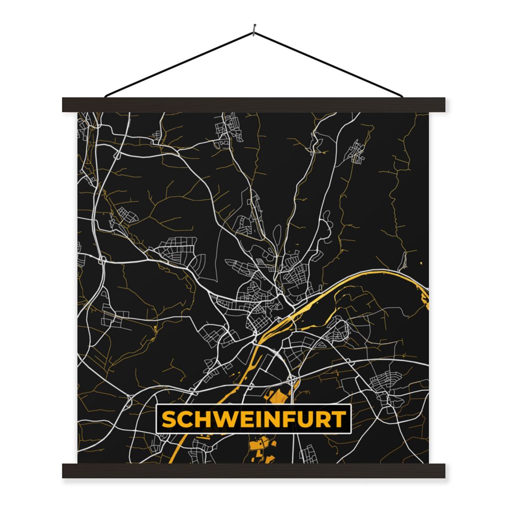 MuchoWow Textilposter Deutschland - Schwarz und Gold - Schweinfurt - Stadtplan - Karte 60x60 cm mit schwarzem Rahmen - Posteraufhänger