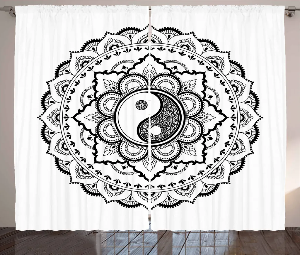 Tenda Camera Letto ABAKUHAUS Mandala Fiori 280x175 cm Bianco Nero