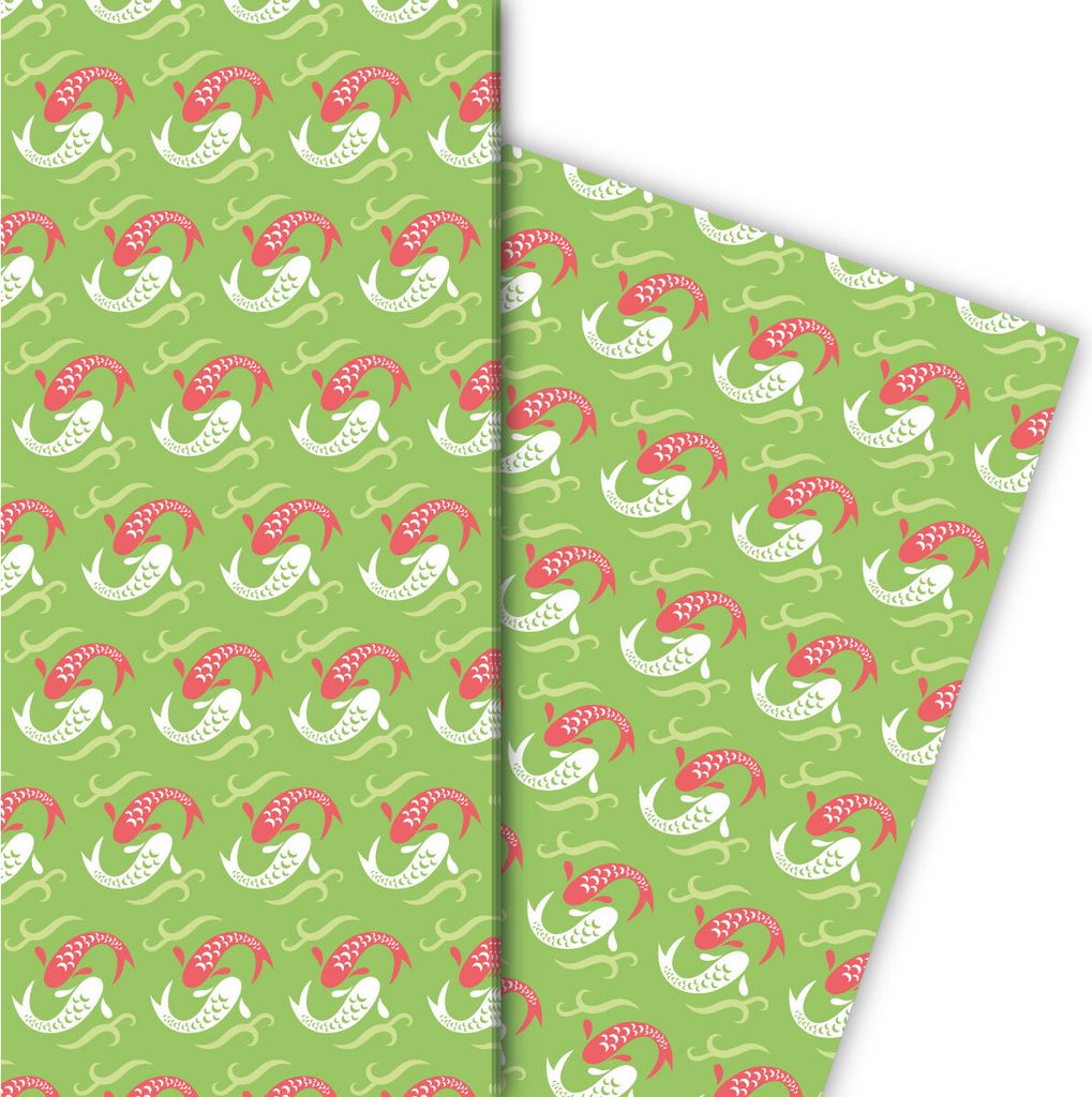 Japanisches Geschenkpapier mit Fischen in grün - G6433, 32 x 48cm