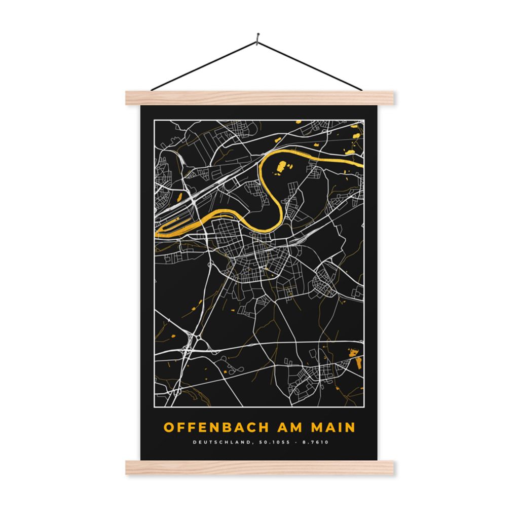 MuchoWow Textilposter Gold - Deutschland - Karte - Stadtplan - Offenbach am Main 40x60 cm mit holzfarbenen Rahmen - Poster