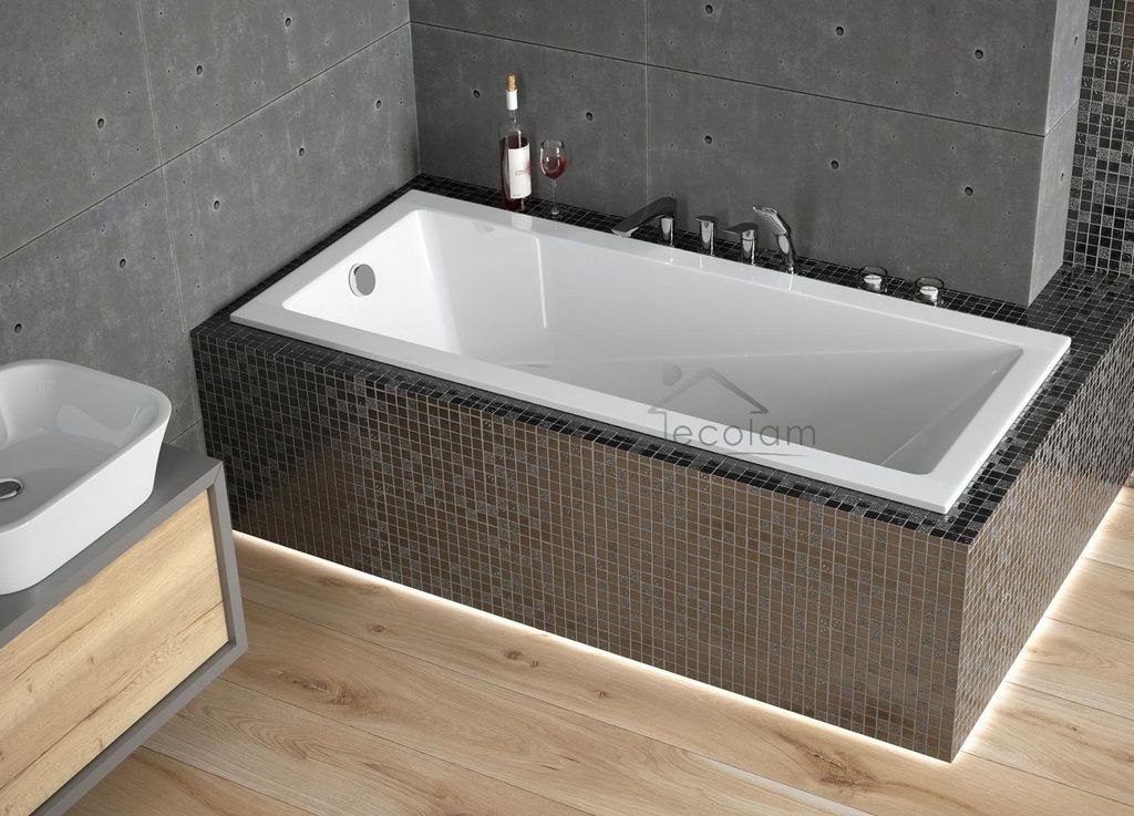 ECOLAM Badewanne Wanne Rechteck Modern 140x70 cm Design Acryl weiß + Ablaufgarnitur Ab- und Überlauf Automatik Füße Silikon