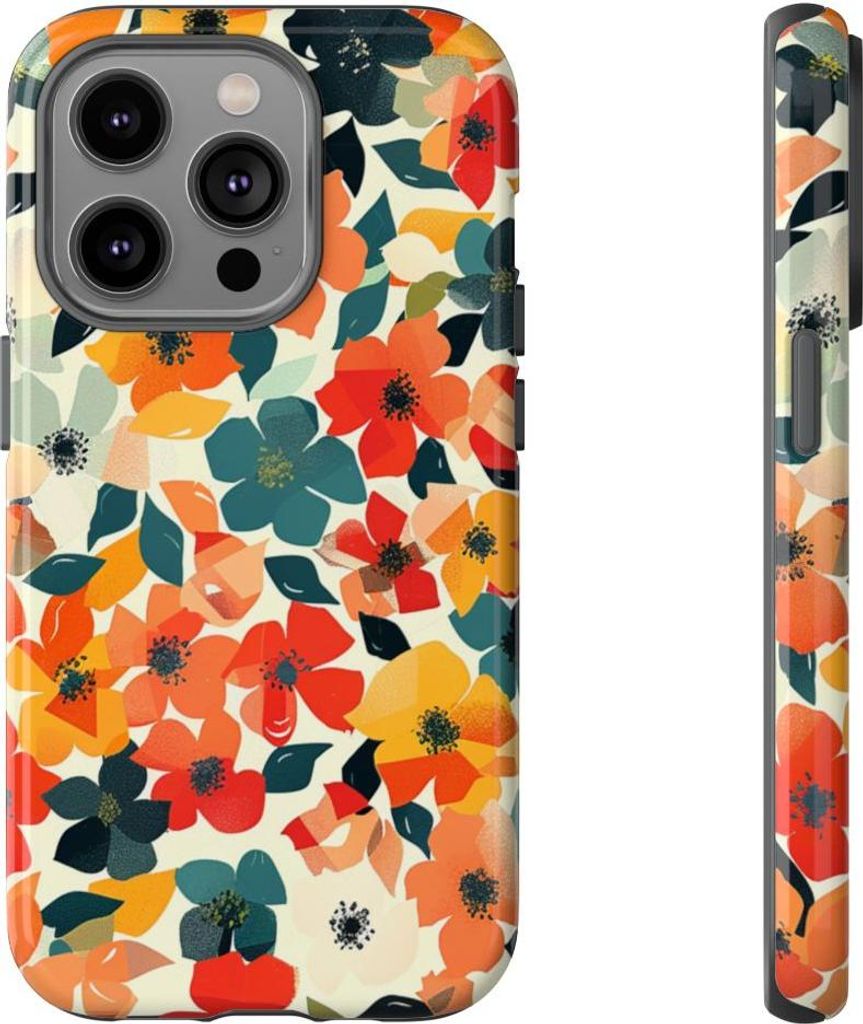Lebhaftes Blumenmuster mit geometrischen Blättern – Hülle Kompatibel mit iPhone 14 Pro