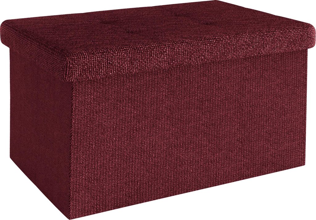 A studio shot of a burgundy fabric storage ottoman.