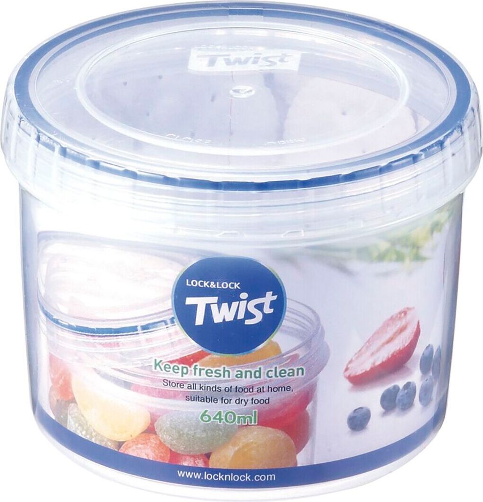 A clear, well-lit studio shot of a Lock & Lock food storage container filled with colorful candies.
