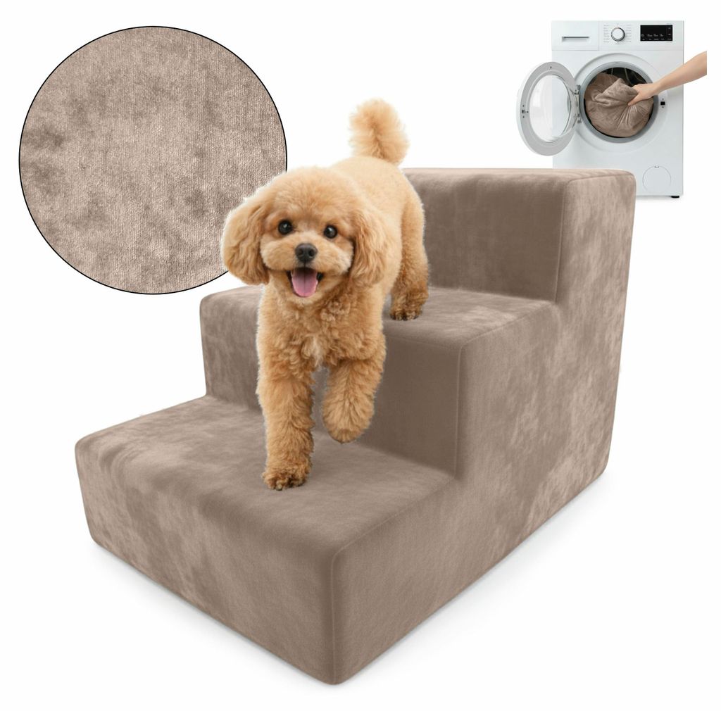Muralo Treppe für Hund und Katze Rampe HUNDETREPPE Treppe für Haustiere 3 Stufen Beige Magic Velvet Stoff
