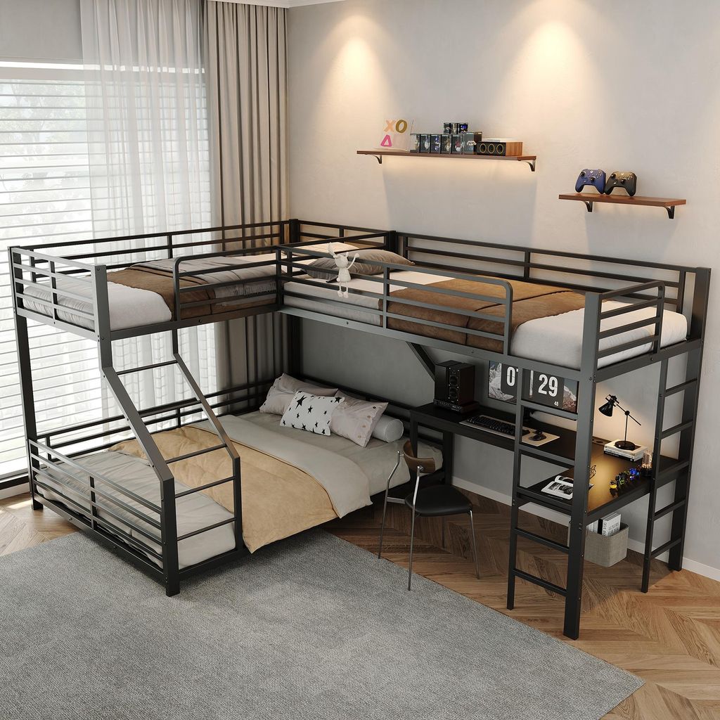Metalen bedframe met 3 slaapplaatsen, inclusief USB- en Productafbeelding 