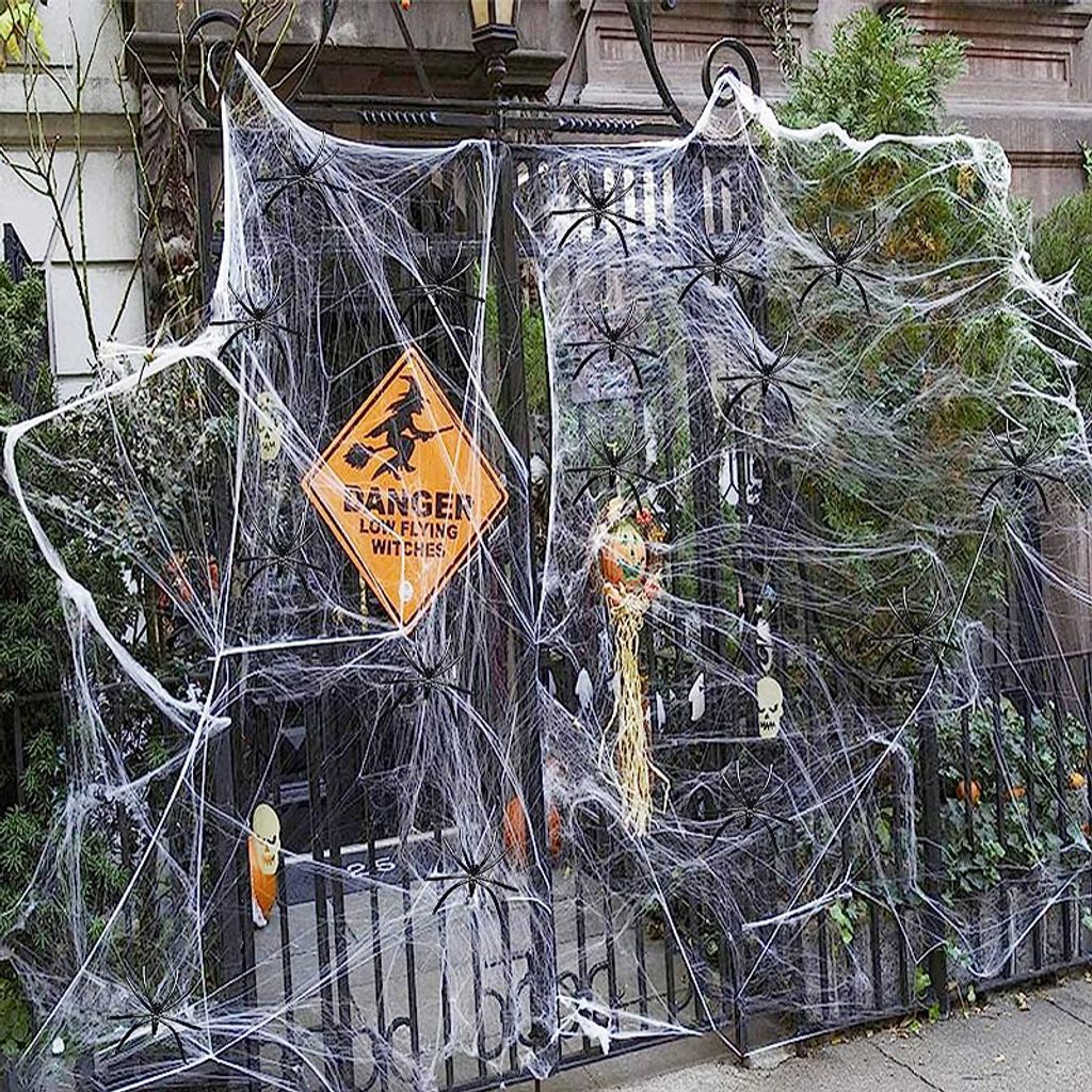 Déco Halloween : 200g De Toile D’araignée Blanche + 60 Araignées Noires – Pour Jardin, Porte, Fenêtre, Cheminée