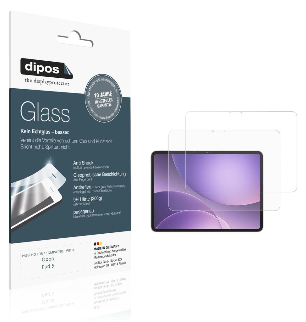 2x Schutzfolie für Oppo Pad 5 matt - Anti-Shock 9H Folie dipos Glass Kunststoffglas