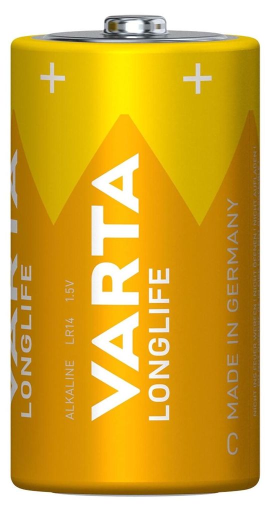 A single VARTA Longlife C/LR14 alkaline battery against a white background.
